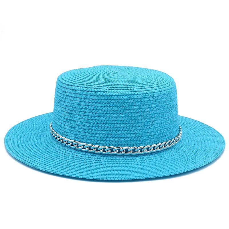 Spring and summer women's travel sunscreen straw hat fashion chain solid color beach British style jazz hat Hats