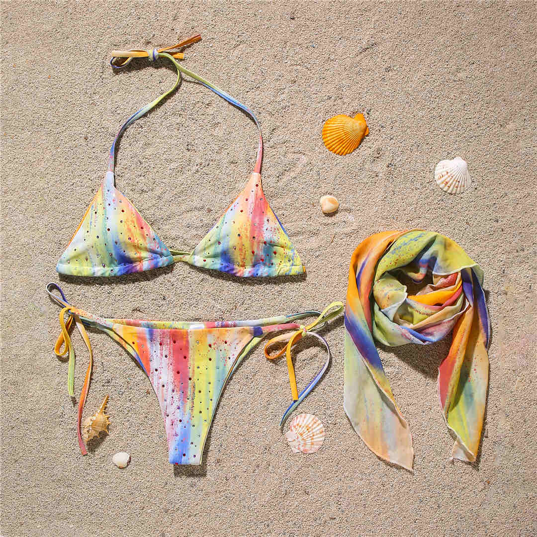 

Женский купальник со стразами, женский купальник, комплект из трех частей, комплект бикини с саронгом, сексуальный купальный костюм L жёлтый