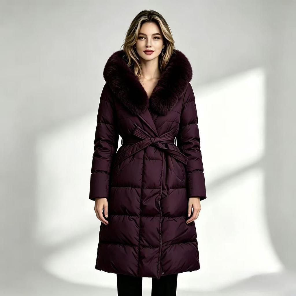 European station new imitation fox big fur collar cotton clothes women's medium and long knee thickened waist fashion coat