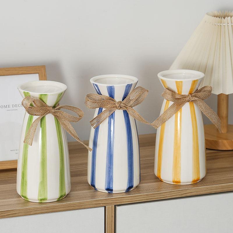 Modern Simple Blue Striped Ceramic Vase Creative Bow Table Top Dried Flower Bouquet Nordic Vase Decoration Piece Fairy Garden