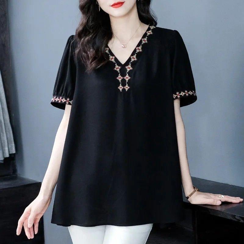 

Летняя тонкая футболка с народной вышивкой, винтажная элегантная с V-образным вырезом, женская одежда с коротким рукавом, базовая свободная стильная, сшивная, пуловер XXXL чёрный