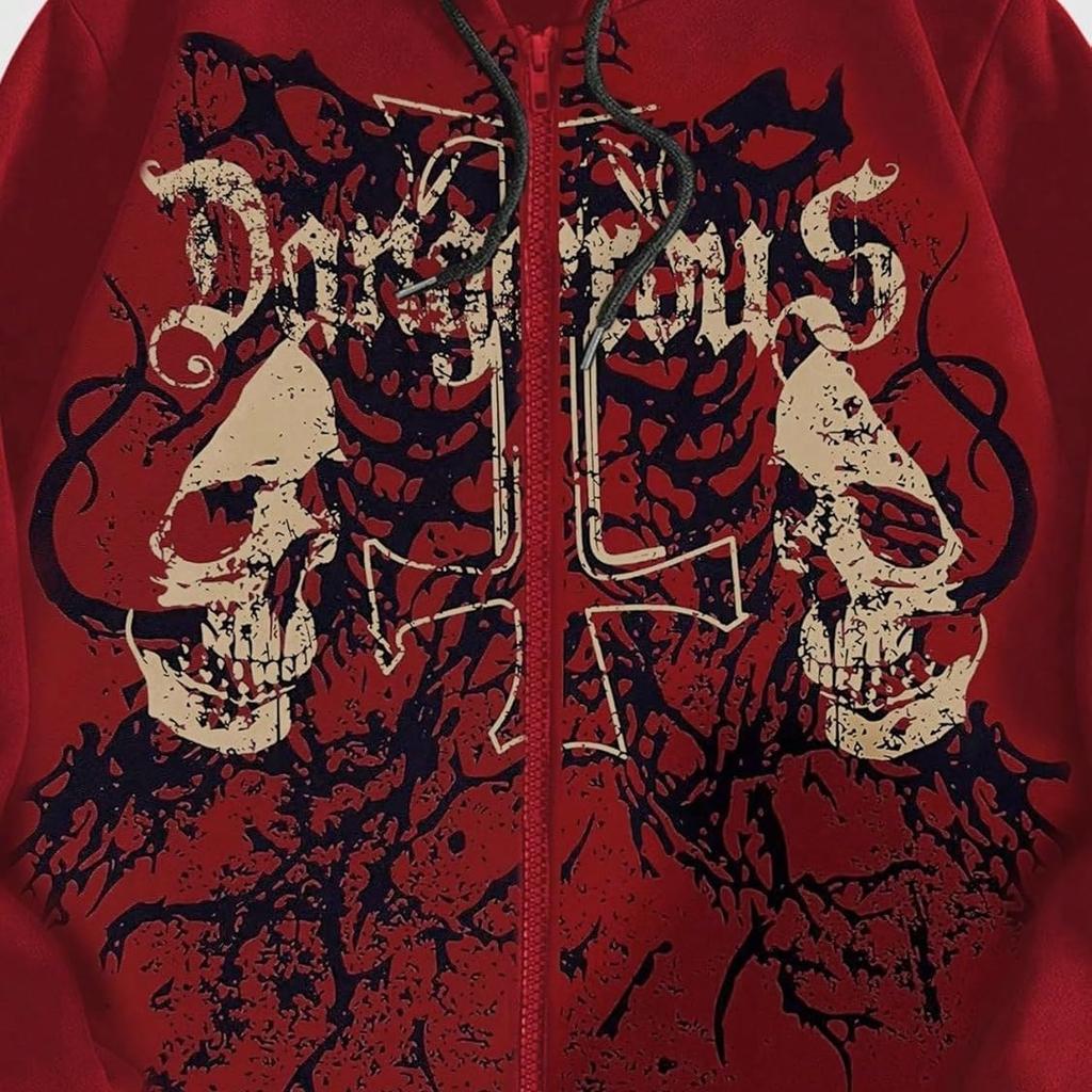 WDIRARA Men's Daily Casual Gothic Skull Drawstring Long Sleeve Zipper Hooded Sweater