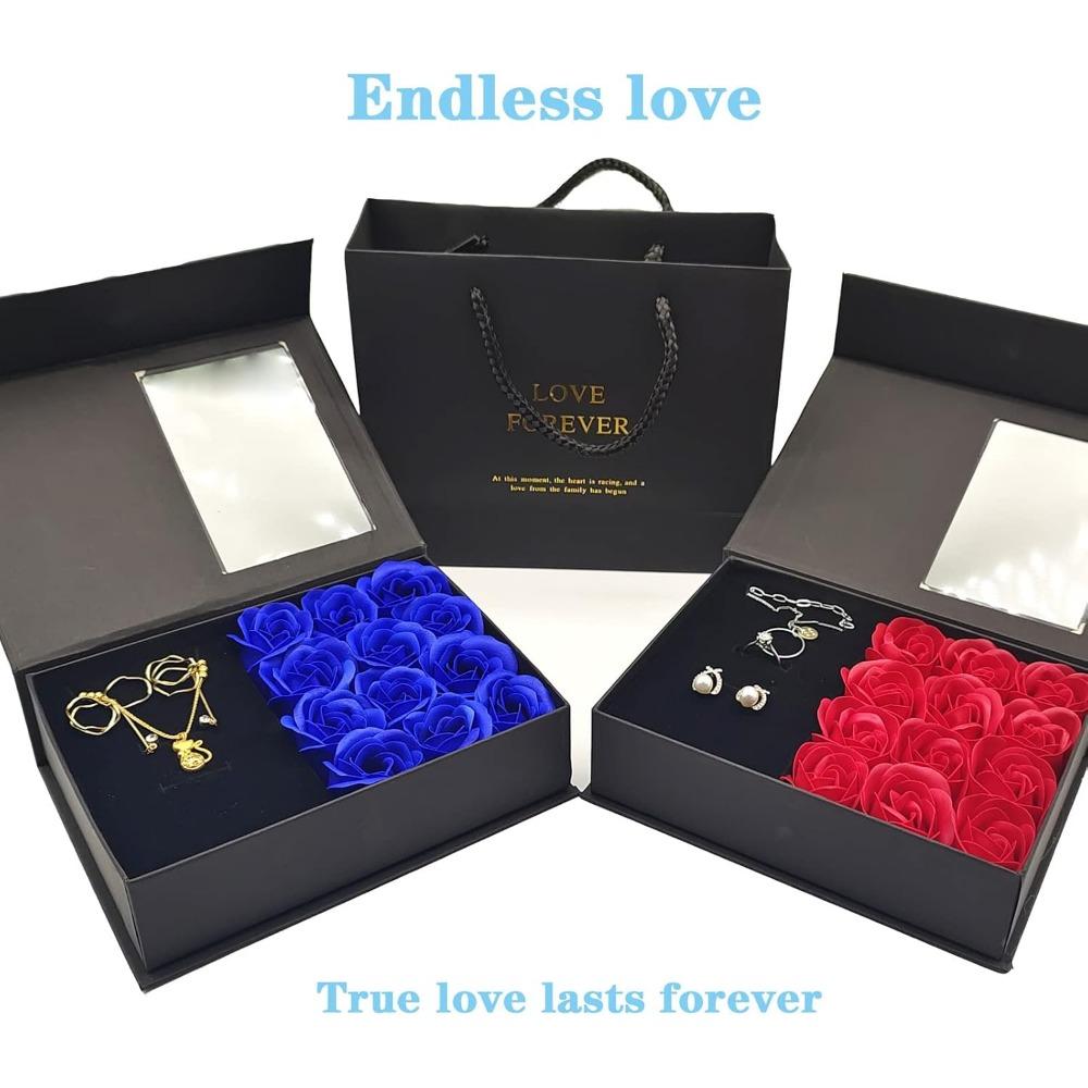 Jewelry Gift Box with Lids, Preserved Rose Jewelry Set Gift Box, Velvet Romantic Valentines Packaging Box with 12 Roses for Valentines Day Mothers Day