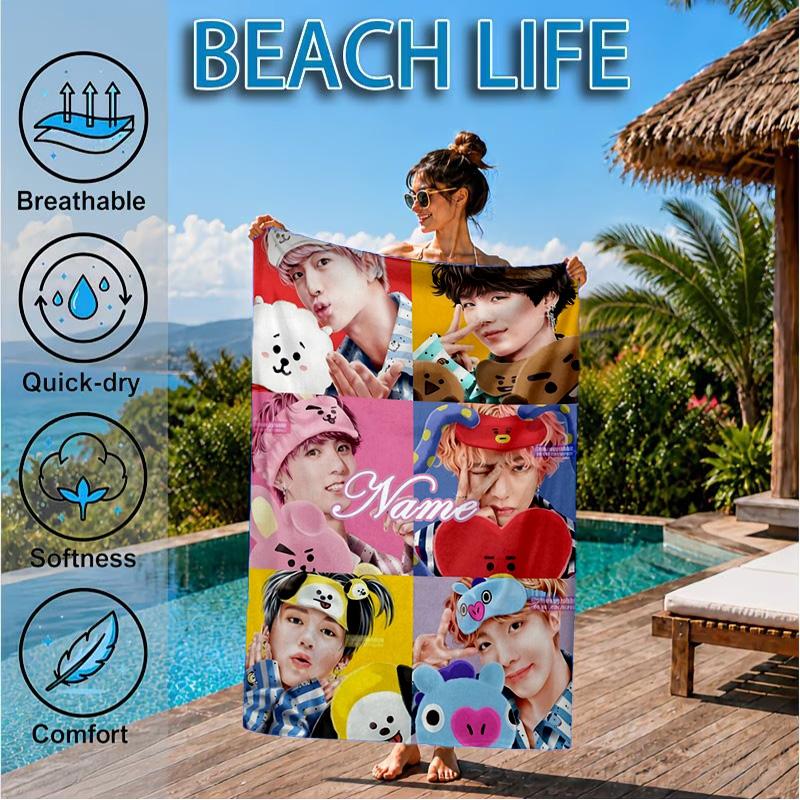Custom Name K-pop Stars Friends Beach Towel Microfiber Beach Towel, Lightweight and Quick-Dry, for Summer Travel, Swimming Pool Gift