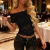 Europe and the United States hot-selling new one-word collar off-the-shoulder lace sexy fashion pure desire hollow short-sleeved T-shirt top women