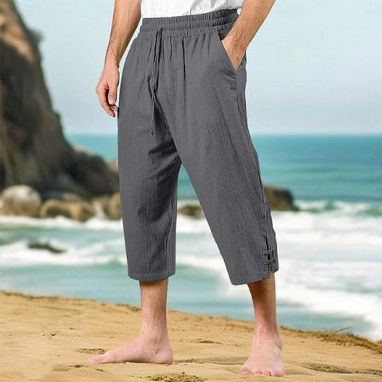 2026 Men s Casual Summer Drawstring Waist Multi-pocket Cotton Linen Capri Pants M