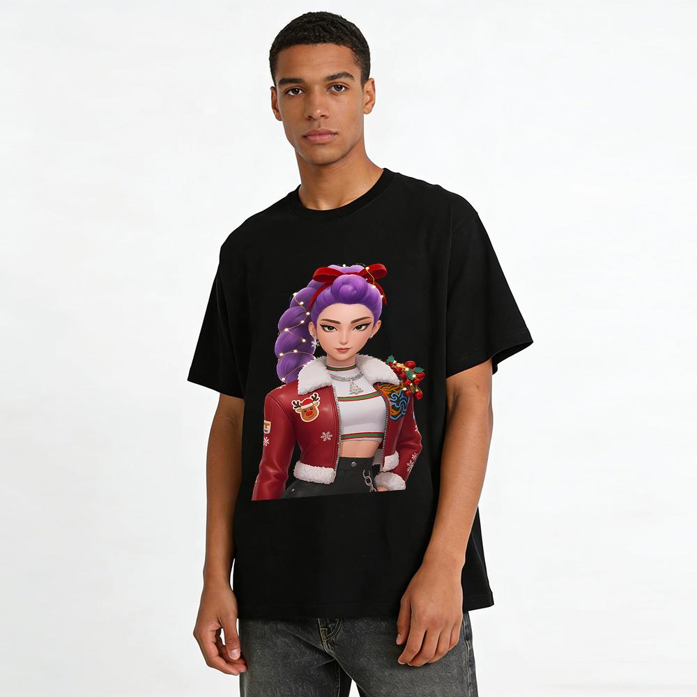 Christmas Limited Purple Hair Cool Girl Print Top Casual Versatile Holiday Style Bottoming Shirt Pure Cotton T-shirt