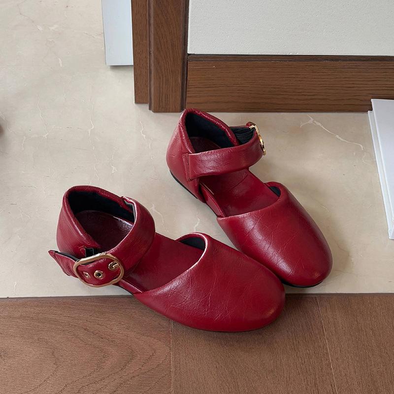 Sheepskin version~ Genuine leather red hollow shallow mouth with Mary Jane single shoes women's flat-bottomed bag head women's sandals