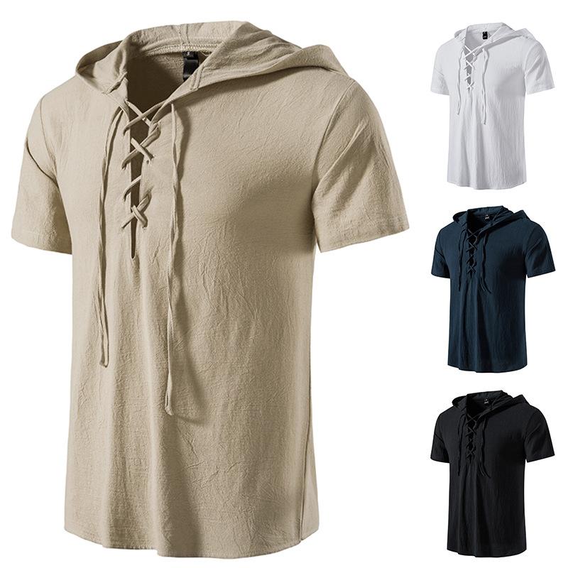 Camisa de Manga Corta para Hombre de Algodón y Lino Camisa de Manga Corta con Capucha de Algodón Playa Yoga Casual Camisa de Verano
