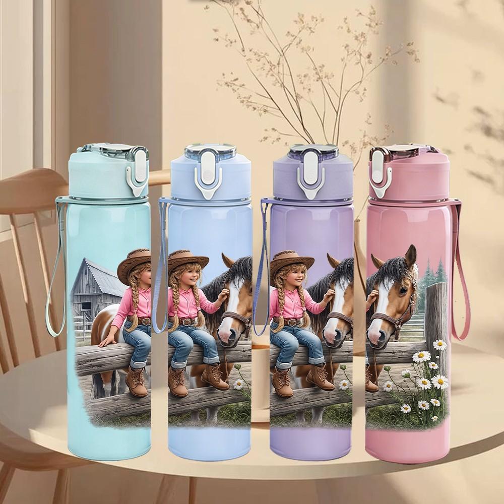1PC Cowgirl Horse Western Scene Print 750ml Color Plastic Sports Water Bottle Leakproof Flip Straw Lid Suitable for Sports Office Home Use