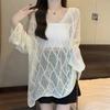 Rhombus Lazy V-neck Hollow Long-sleeved Knitted Sweater Women's Spring and Summer Hem Irregular Sunscreen Blouse Knitted Top
