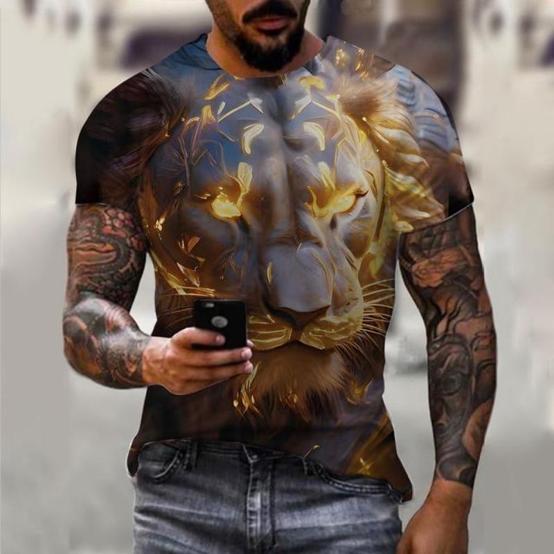 Men's T-shirt 3D lion print T-shirt summer short sleeved streetwear
