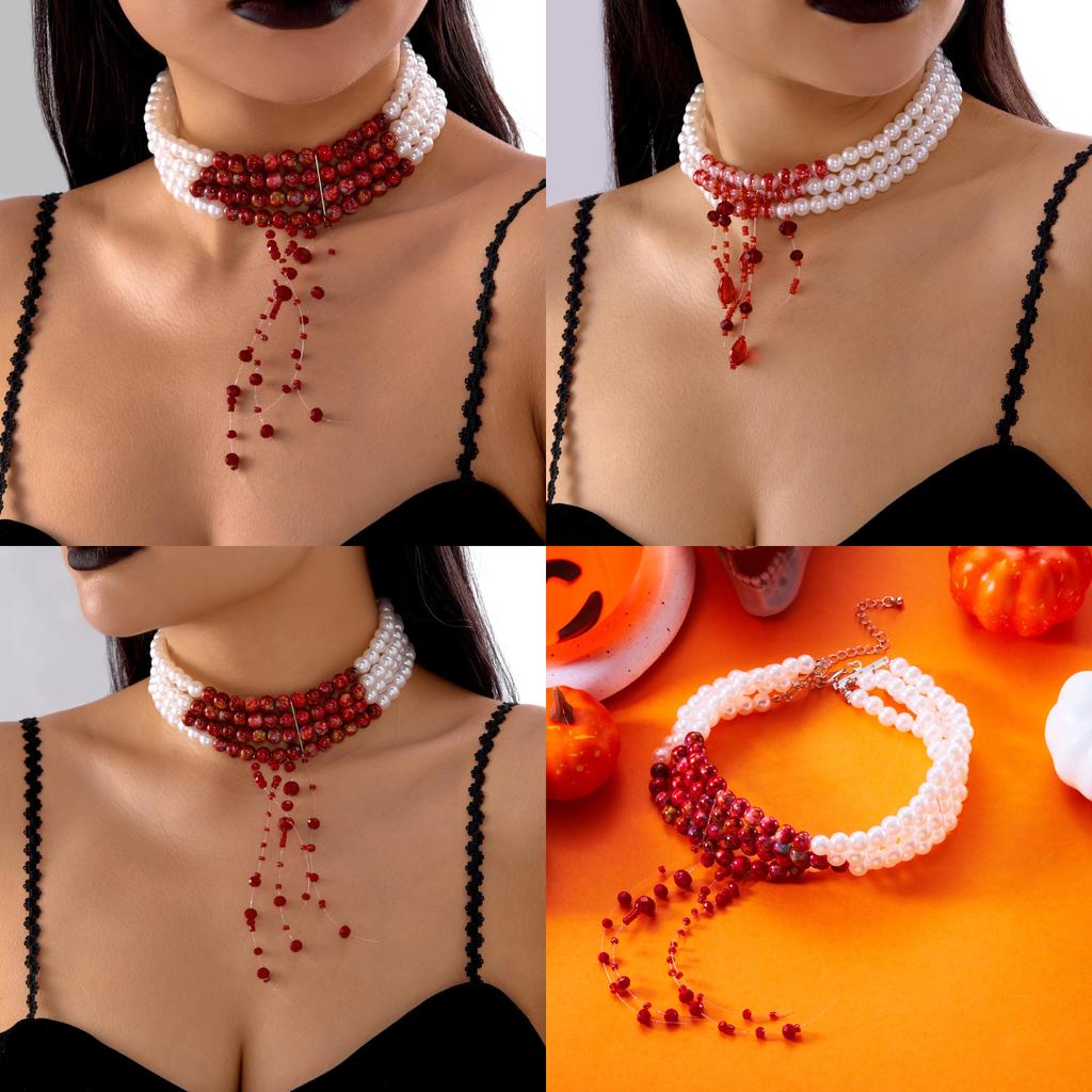 Halloween Blood Drop Pearl Necklace With Handcrafted Geometric Design For Women