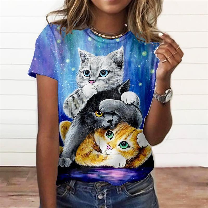 3D Cat Cartoon Couple Trendy Brand Women's T-shirt Short Sleeve T-shirt