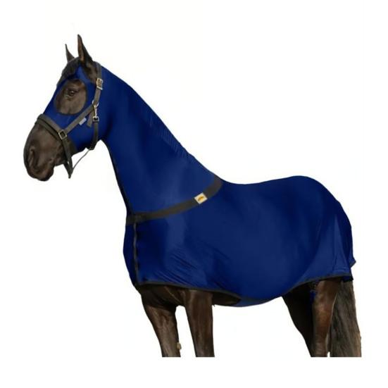 

Попона для лошади на все тело с капюшоном на молнии, обертышем для живота, эластичная дышащая, для пони, эластичный чулок, слинки с защитой шеи, конные принадлежности M синий