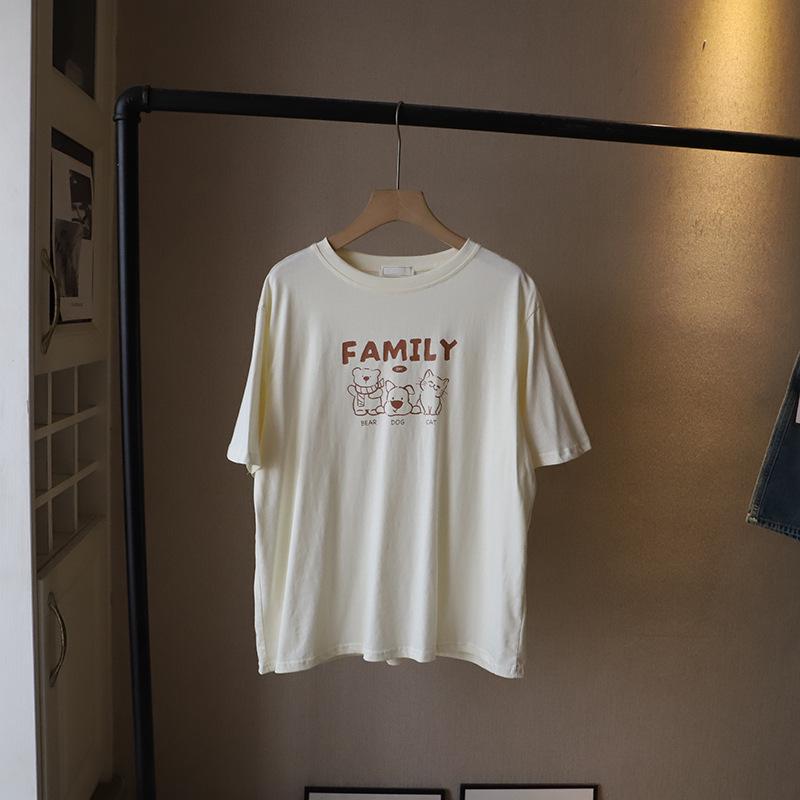 

2025 Korean Style Cartoon Print Women s Loose Round Neck T-Shirt, Summer Short Sleeve One Size