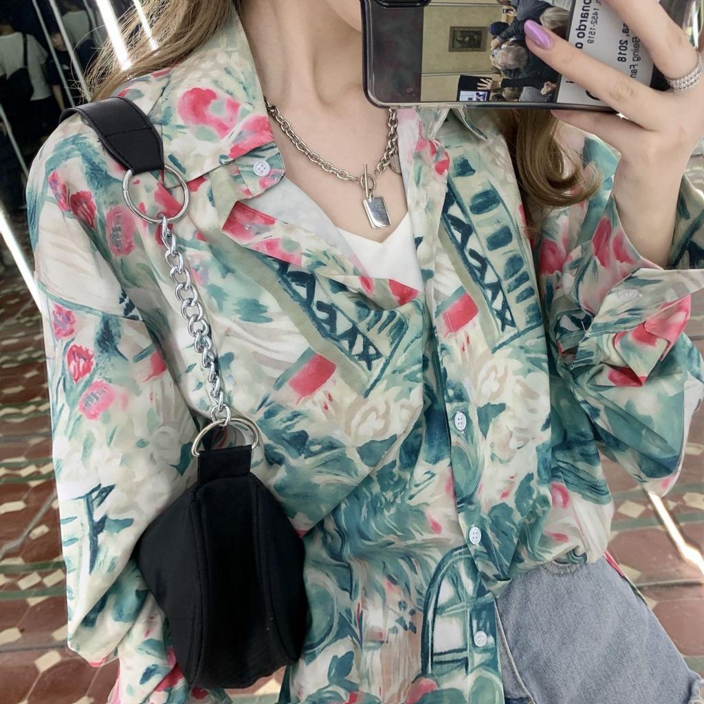 Long-sleeved Shirt for Women with A Sense of Design Thin Style Versatile for Wearing Outside Retro Hong Kong-style Floral Top with A Shirt Design