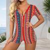 Women Plus Size Printed V Neck Short Sleeve Button Front Romper Fitted Short Length