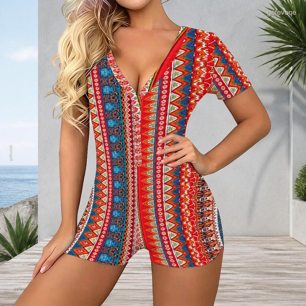 Women Plus Size Printed V Neck Short Sleeve Button Front Romper Fitted Short Length