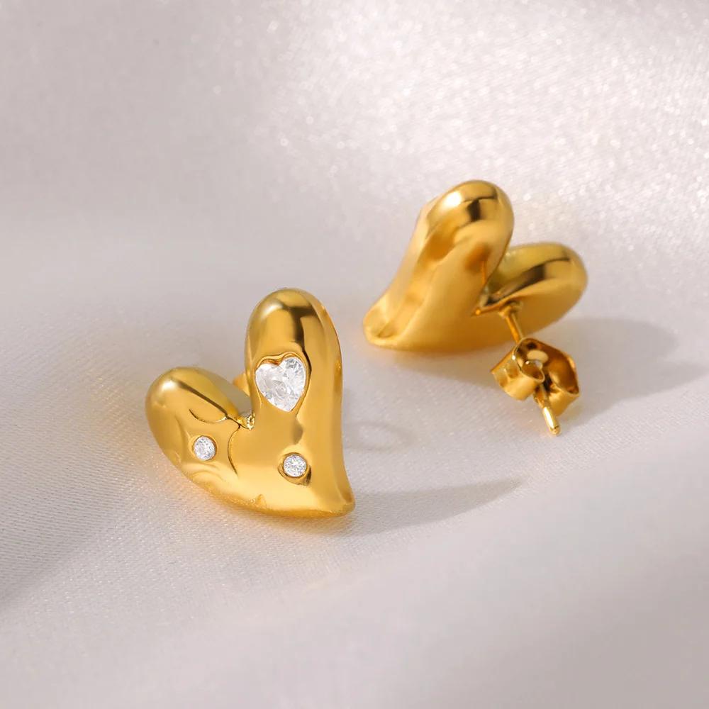 Inlaid Zircon Heart Stainless Steel Stud Earrings for Women Gold Color Wedding Aesthetic Earrings Jewelry Matching Accessories