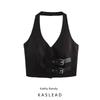 Kaslead New Women Clothes Western Style Fashion Belt Decoration Hanging Neck Small Top