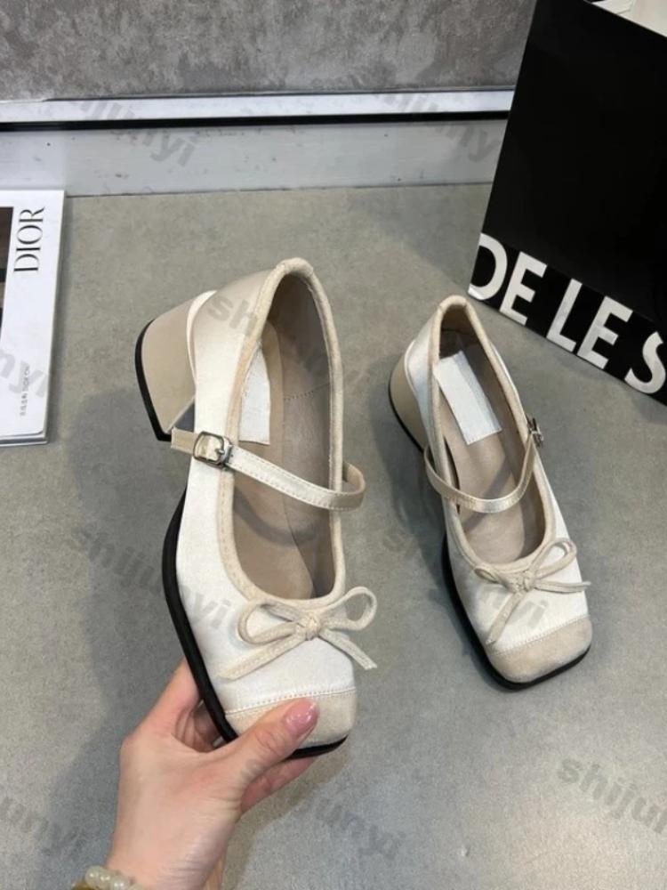 Fashion Women Shoes 2025 Spring Fashion Bow-knot Buckle Strap Mary Jane High Heel Shoes Non Slip Height Increase Women's Ballet Shoes
