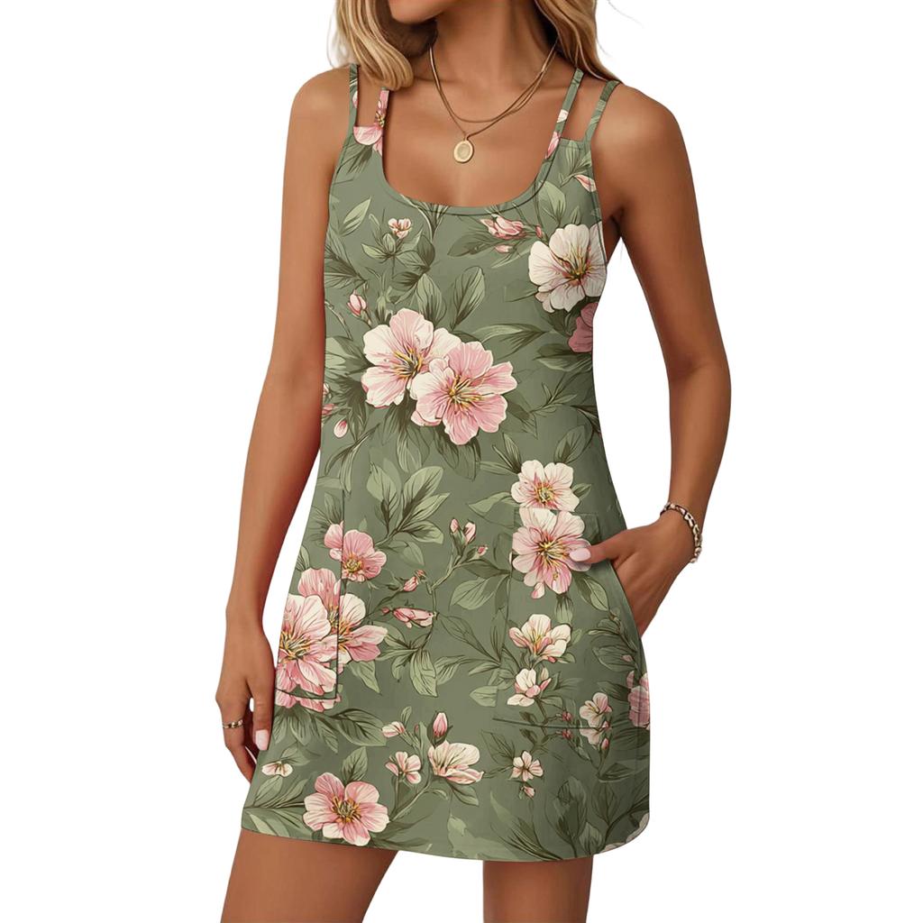 Women's Fashion Casual Floral Print Dress Double Sling Pocket Dress