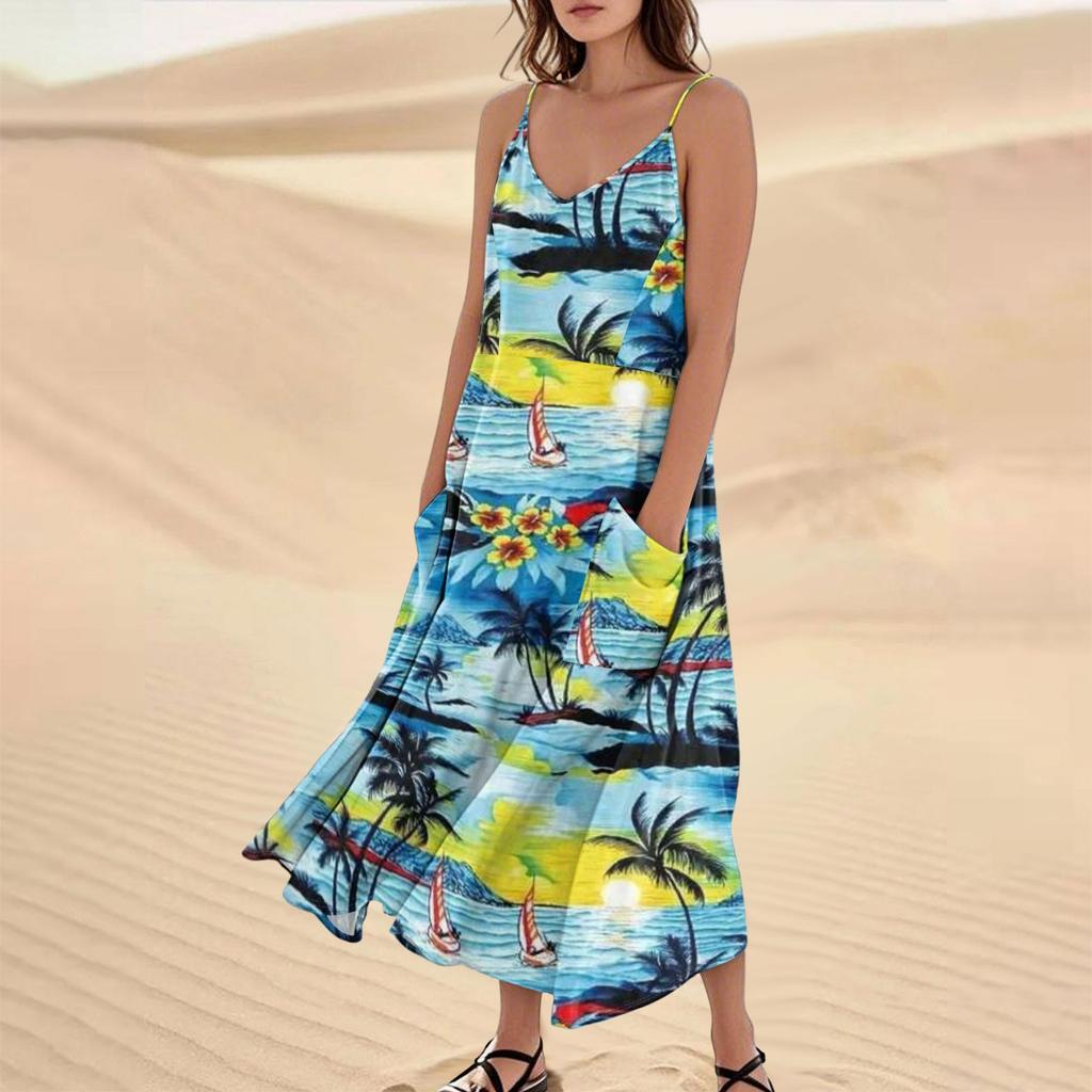 Women's Casual V Neck Hawaiian Print Sleeveless Pocket Suspender Dress