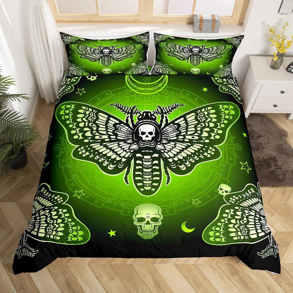 Grün Farbverlauf Totenkopfschwärmer Bettbezug Schmetterling Tier Tierkreiszeichen Galaxie Bettwäsche für Jungen Mädchen Gothic Motte Skelett Boho Raumdekor
