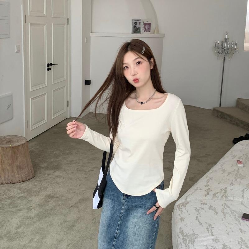 Long Sleeved T-shirt Women Autumn New Right Shoulder Cover Belly Fashion Casual Slim Hot Girl Top