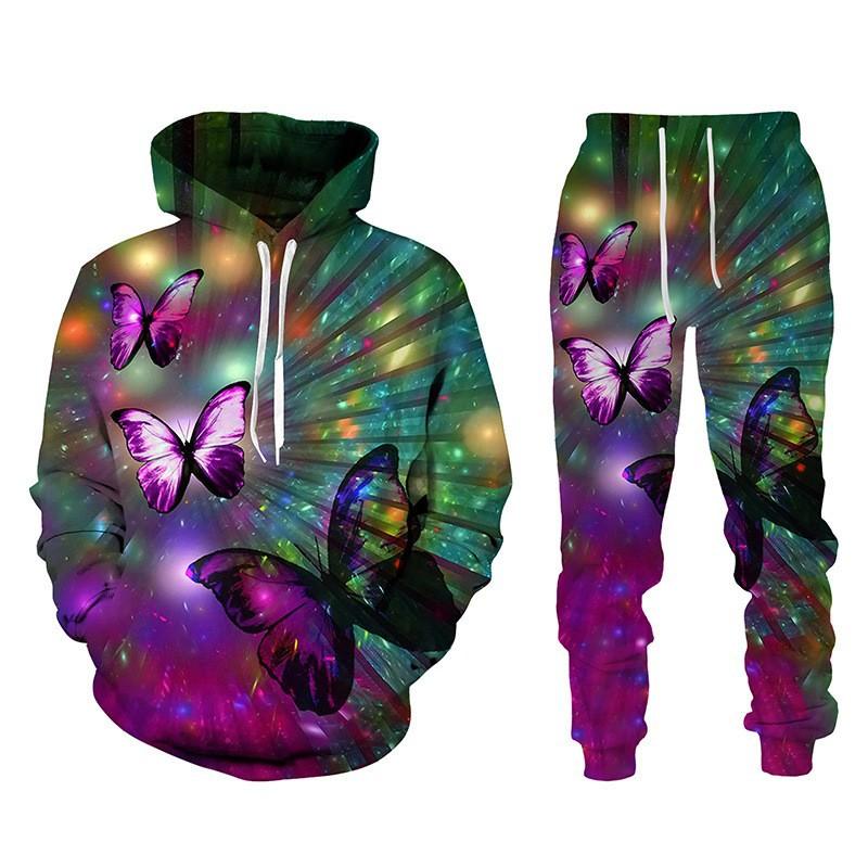 3D Butterfly Printed Men's 2-piece Outfits Casual Men Women Hooded Sweatshirt Suit Autumn Oversized Fashion Tracksuit Pants Sets