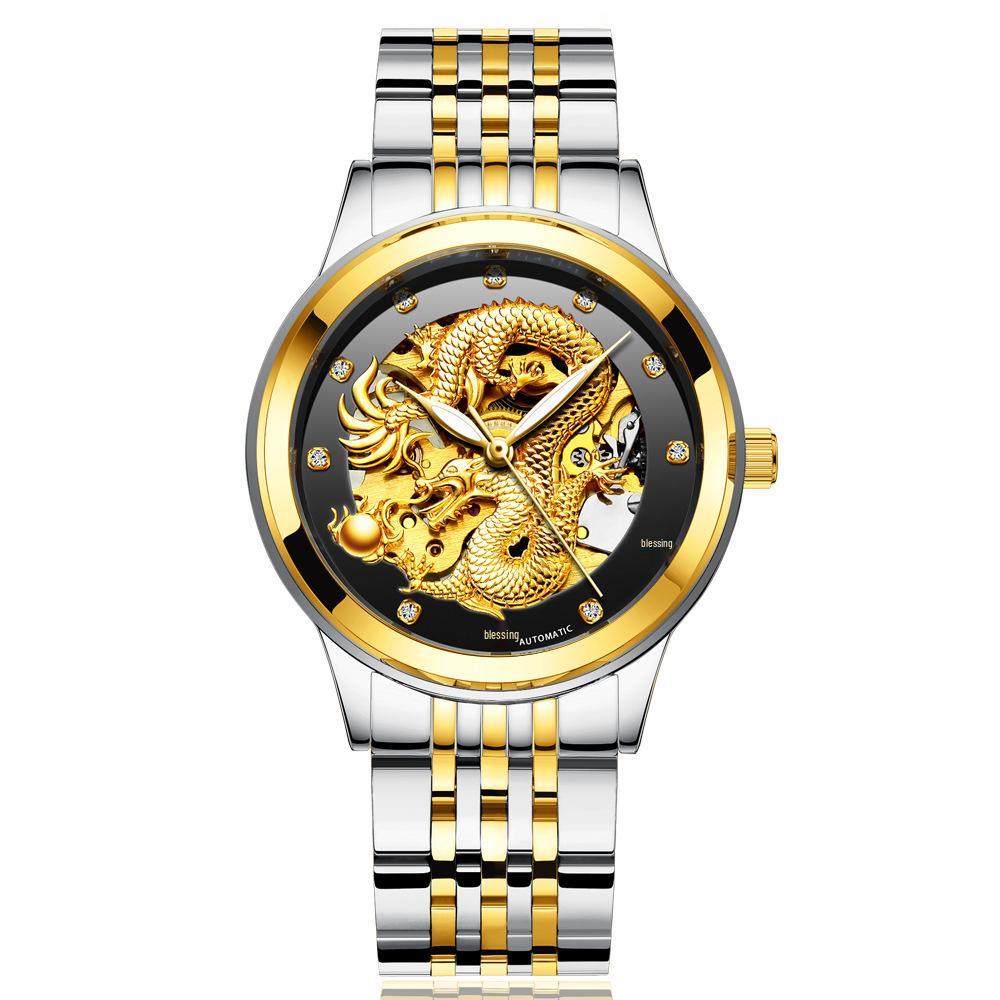 Modun Men's Gold Dragon Pattern Automatic Skeleton Watch with Genuine Leather Strap and Waterproof Multifunctionality