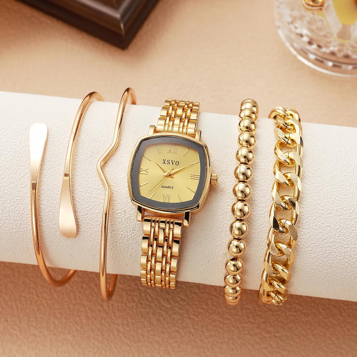 Стильный Женский Кварцевый Часовой Браслет 5 Штук, Модный Квадратный Циферблат, Сплавной Ремешок, Римские Цифры, Набор для Праздничных Подарков золотой