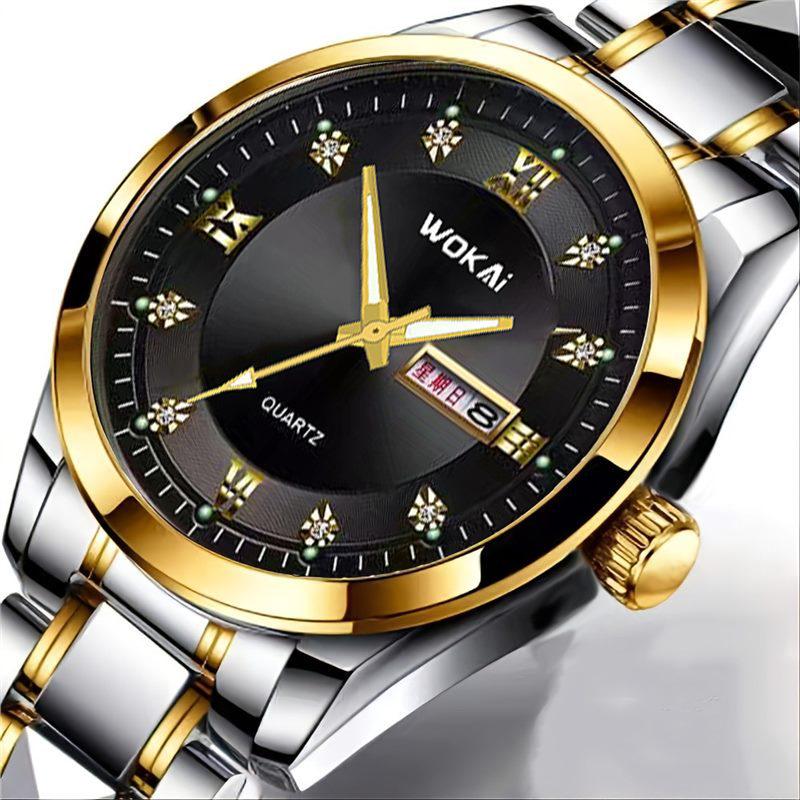 Men's Waterproof Quartz Steel Band Watch with Double Calendar