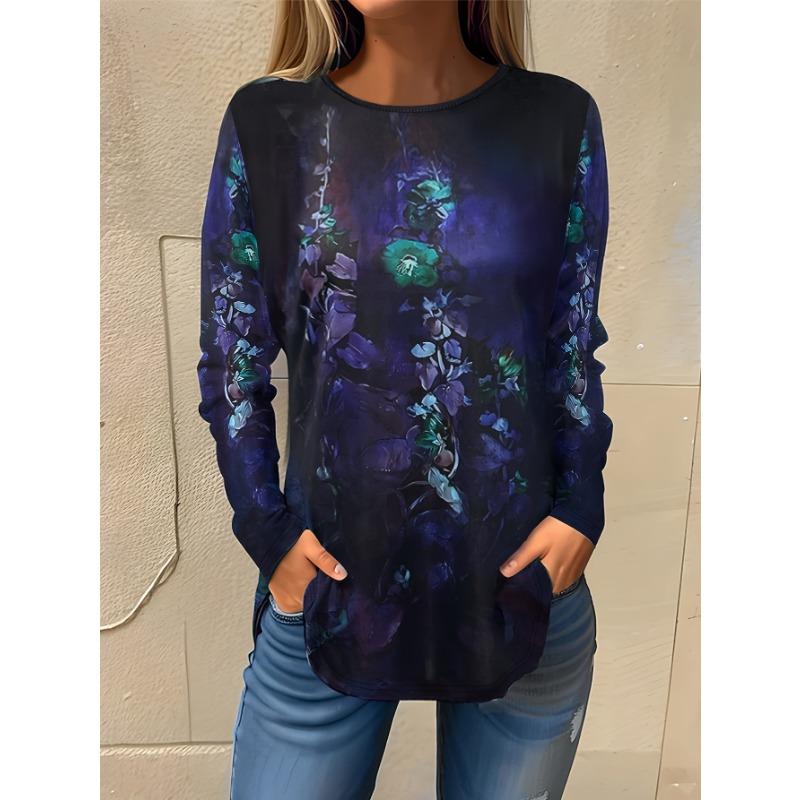 

Женская футболка 3D ретро цветочный темпераментный принт модный длинный рукав круглый вырез обычный топ праздничные выходные весна и осень XL