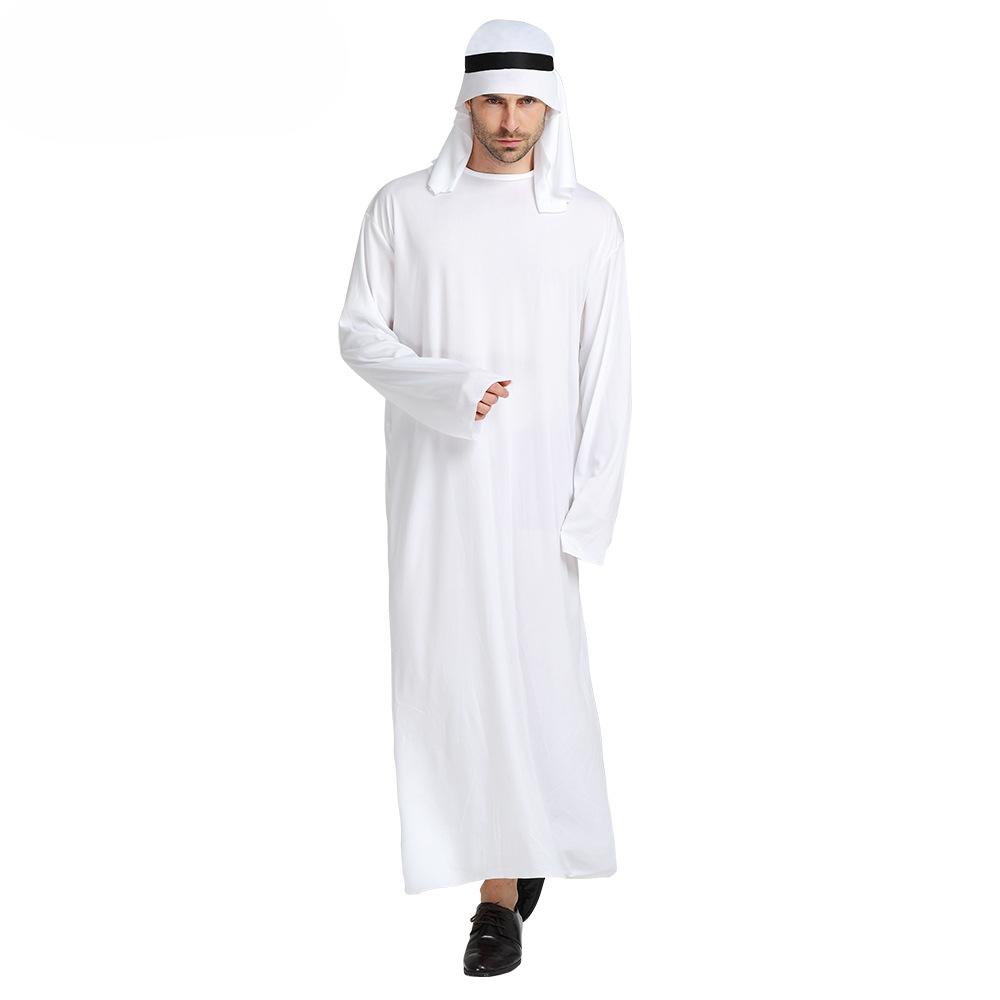 Halloween Carnival Cosplay Arab Sheikh Prince Masquerade Ball Men Pure White Middle East Dubai Robe Send Turban