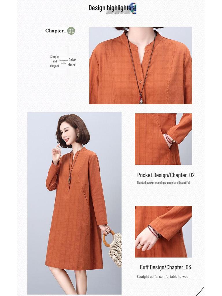 2024 Casual Loose-Fit Pure Cotton Dress for Middle-Aged Women: Long-Sleeved, Belly-Covering, Age-Reducing for Spring and Autumn