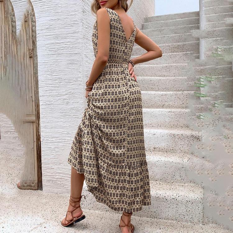 High Waist Women Dress Print Temperament Fashion Lace Up Sleeveless Pleated Autumn Winter Color