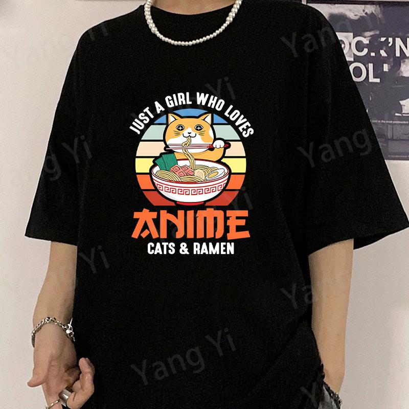 

Hot New Japan Cats Eat Ramen Pattern Men Women Cotton T-Shirt Simple Letter Unisex Tees Loose Large Size Top Funny Couple Shirt 5XL різнокольоровий