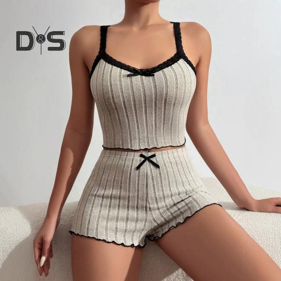 2 Pcs/Set Women Summer Pajamas Suit Shirring Edge Sleeveless Backless Crop Top Lace Bow Decor High Waist Mini Shorts Daily Nightie Slim Fit Sleepwear