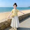 Girls' Summer Patchwork Bow Skirt Set: Trendy Short Sleeve Outfit for Medium and Large Kids