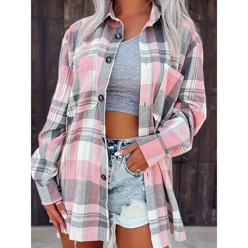 DAFIFY Women's Fashion Casual Spring Autumn Plaid Print Long Sleeve POLO Neck Blouses & Shirts