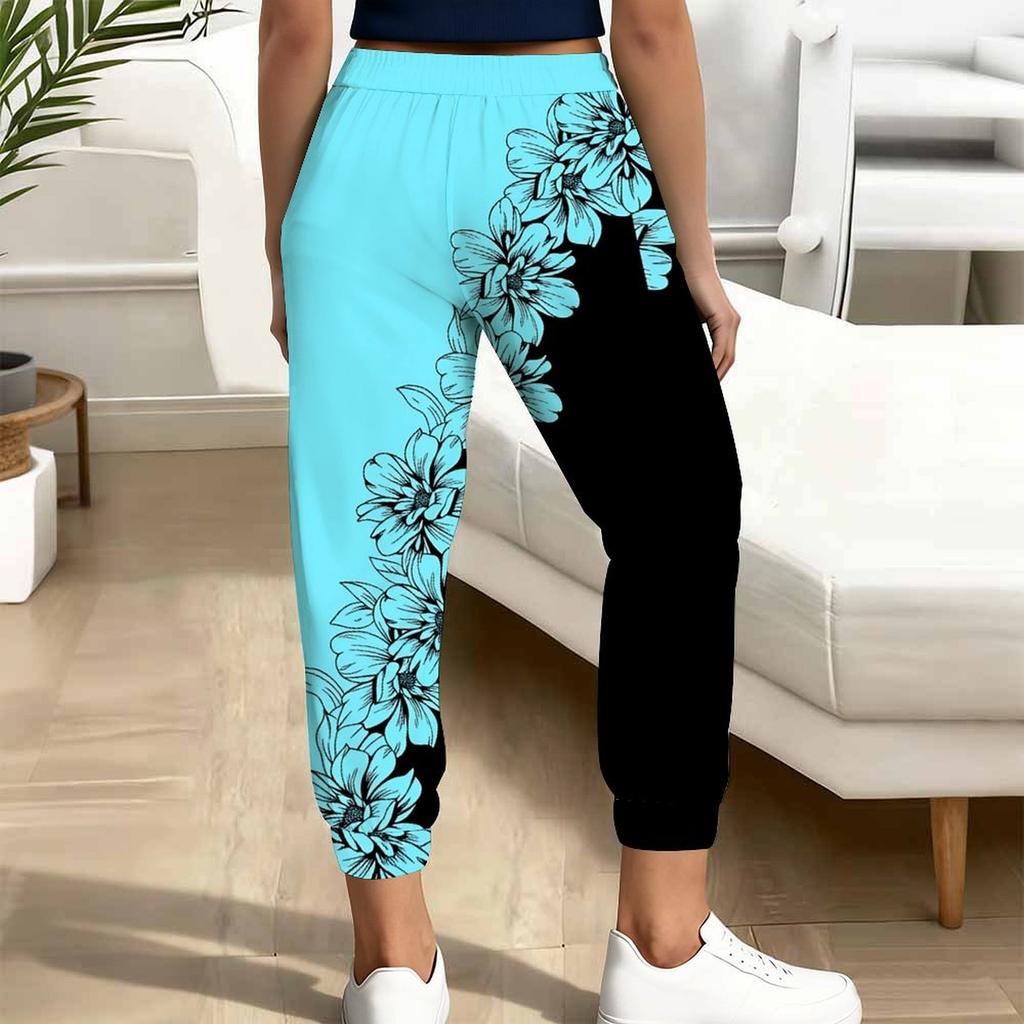 Summer Ladies Abstract Printed Sweatpants Loose Fit Drawstring Joggers Elastic Cuff Daily Casual Pants
