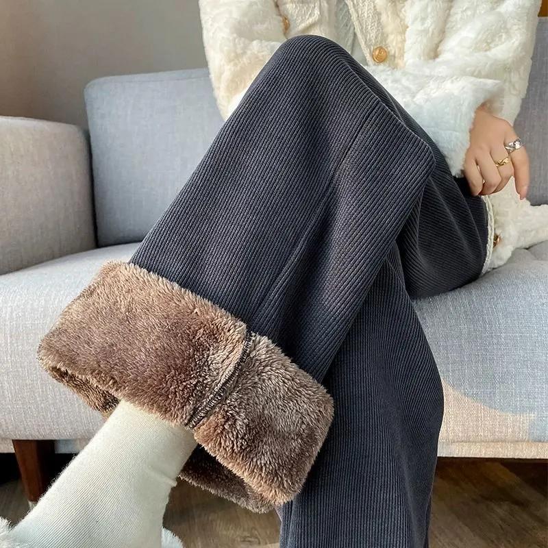 Autumn Winter Wide Leg Pants Women Autumn Plush Pants Women Extra Thick Lamb Fleece Warm Straight Korean Pants Joggers Women