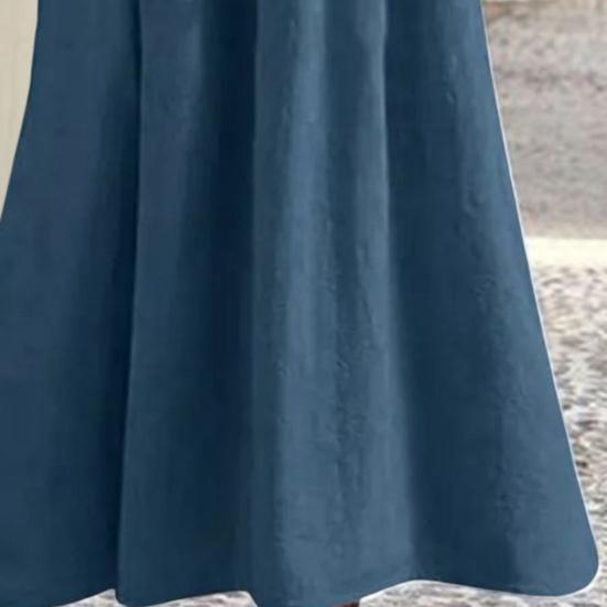 O-Neck Half Sleeve High Waist Pockets Casual Dress Women Pleated Flowy Hem Solid Midi Dress