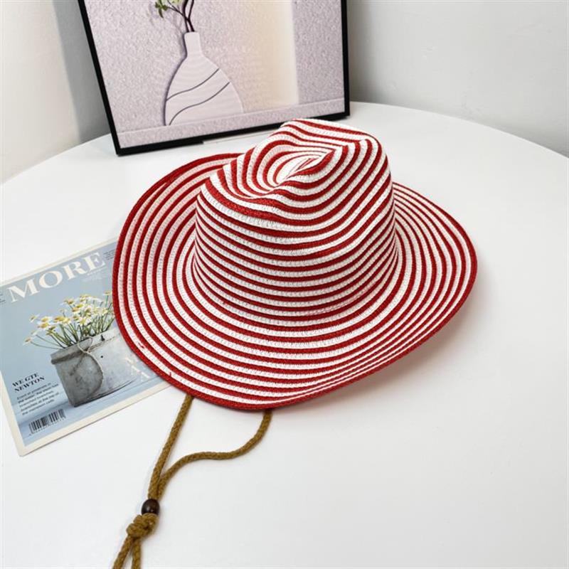 Women Colorful Striped Matching Cowboy Paper Straw Woven Rope Cowgirl Colors Fedora Straw Hat 55-58(adult size) красный