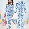 Girls Round Neck Long Sleeve Blue Pink Printed Flared Pants Two Piece Outfit