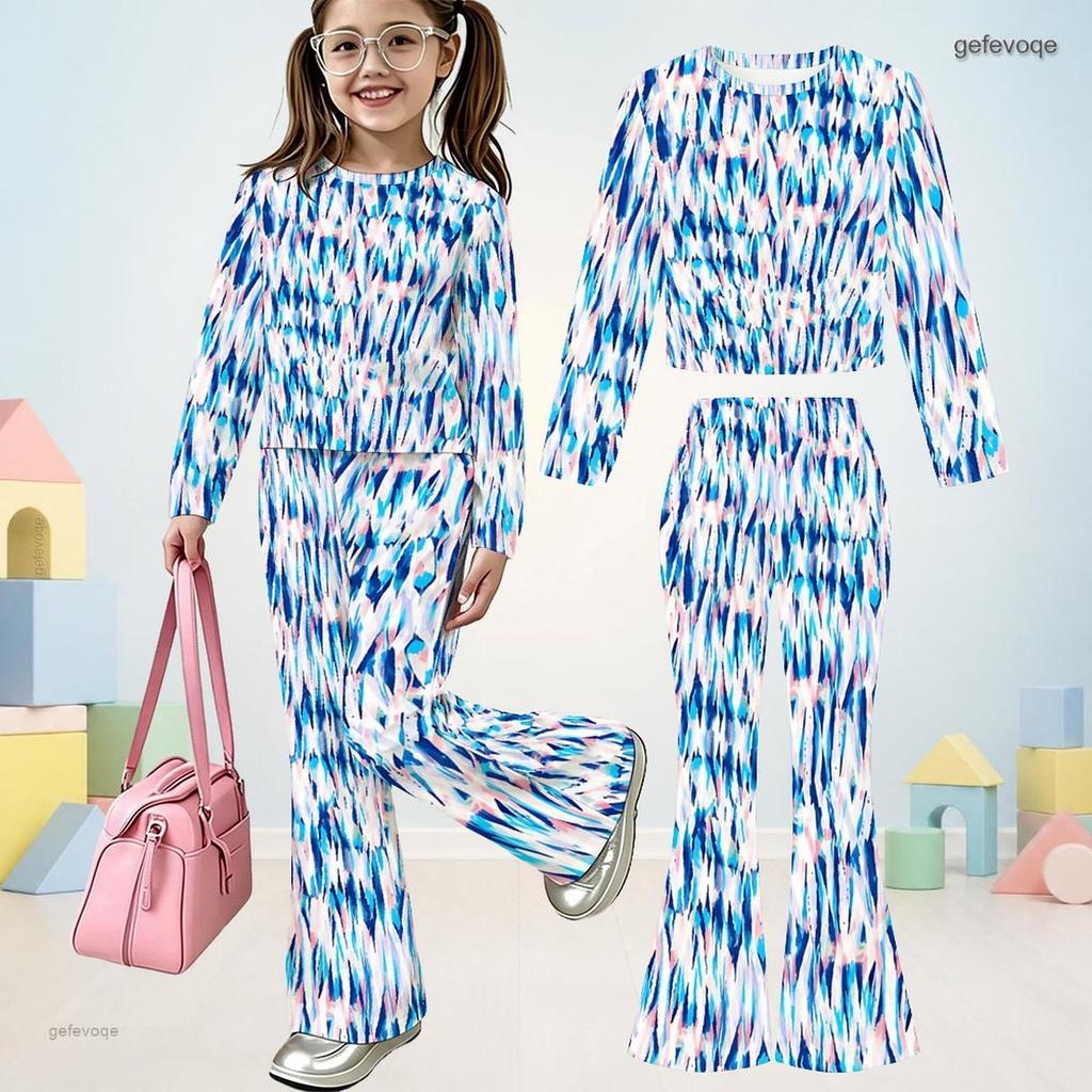Girls Round Neck Long Sleeve Blue Pink Printed Flared Pants Two Piece Outfit