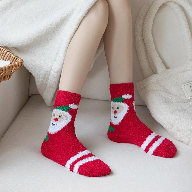 10Pair 24 Christmas Socks Women'S Coral Fleece Thickened Thermal Tube Socks Sleeping Socks Cartoon Half Fleece Floor Socks