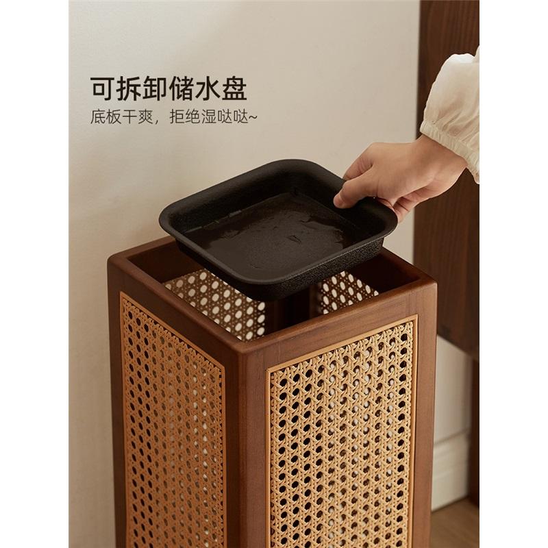 Chinese Style Solid Wood Rattan Umbrella Stand Freestanding Entryway Umbrella Storage Bucket